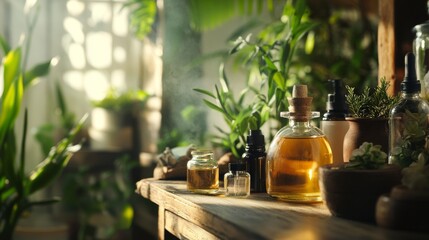 Natural home apothecary shelf with amber bottles herbs and sunlight for wellness lifestyle or skincare brand