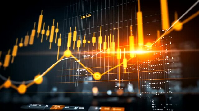 Glowing financial chart displays market trends with dynamic data overlays and gridlines