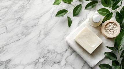 Flatlay of natural soap and leaves on marble background for clean skincare wellness brand photography