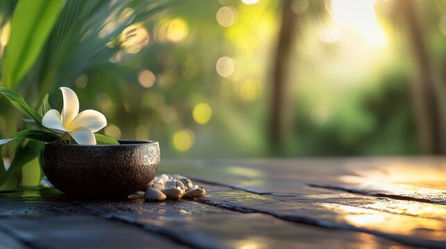 Wooden bowl with spa flowers in soft light for natural wellness beauty relaxation therapy visuals