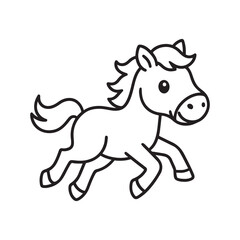  cute cartoon horse running, black and white vector illustration, playful pony, children's coloring page, simple animal drawing.