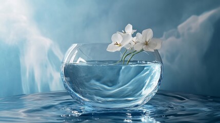 Orchid flower floating in clear water bowl for calm minimal spa skincare or wellness branding concept