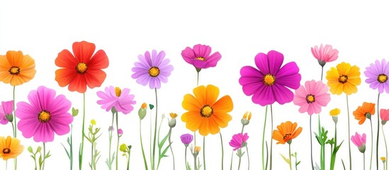 Vibrant Floral Border with Cosmos Flowers against a Clean White Background