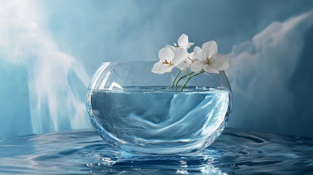 Orchid flower floating in clear water bowl for calm minimal spa skincare or wellness branding concept