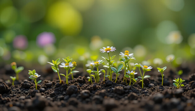 springtime awakening in punjab: tiny white and yellow wildflowers and fresh green sprouts emerge from the dark earth under a gentle bokeh sunlight, symbolizing renewal and the beauty of nature in laho