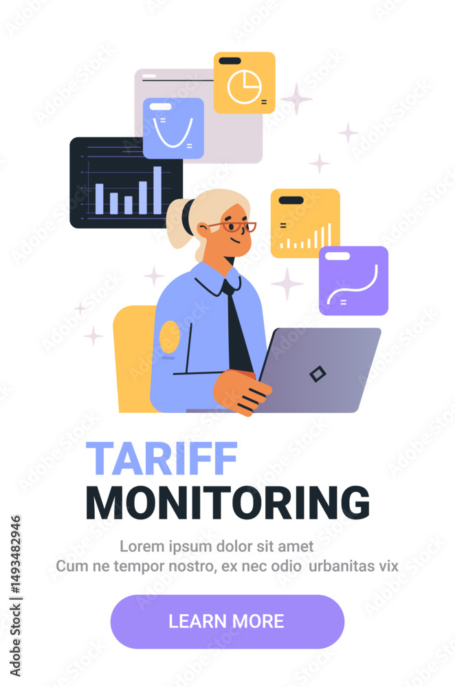 Poster tariff monitoring businesswoman analyzing data charts graphs on laptop. professional attire with abs