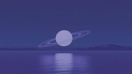 A celestial body resembling Saturn with rings, set against a calm sea and distant mountains under a twilight sky.