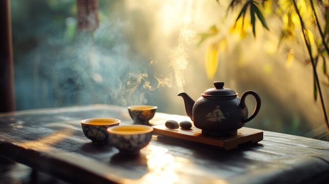 Steaming teapot on wooden table in morning light for peaceful tea ceremony wellness or relaxation visuals
