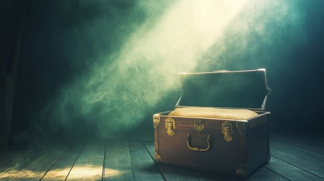 Old suitcase in misty light for travel adventure concept nostalgia or mysterious cinematic storytelling visuals