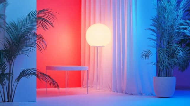 Colorful minimalist interior with palm leaves and glowing sphere for modern decor or editorial visuals