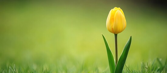 Vibrant yellow tulip gracefully reaching for the sky on a serene morning