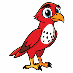 Cartoon red bird featuring a distinctive yellow beak stands on a white background