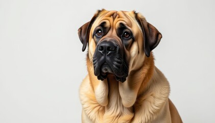 Obraz premium Solo mastiff, imposing gaze, pure white backdrop, large dog, purebred dog, powerful gaze