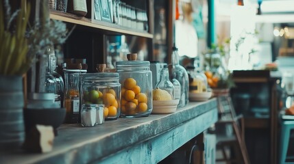 Rustic cafe counter with plants and jars for lifestyle drink photography or vintage kitchen decor visuals