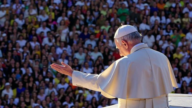 Pope seen from behind, in white papal attire, addressing a vast, diverse crowd of faithful followers and pilgrims during a sunny outdoor public papal audience or religious ceremony.