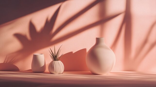 Soft pink room with plants and pottery shadows for aesthetic interior calm light or styling visuals concept