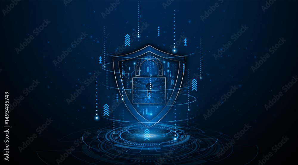 Poster cyber ​​security concept with shield symbol and lock. data protection and cyber privacy. innovative 