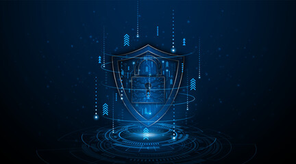 Cyber ​​security concept with shield symbol and lock. Data protection and cyber privacy. Innovative concept of advanced safety technology	