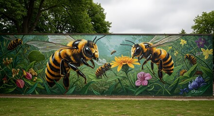 Bee Mural on Wall with Flowers