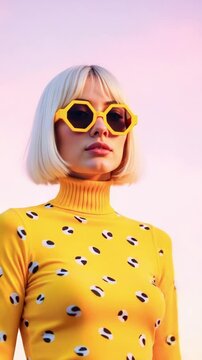 Stylish woman wearing yellow sunglasses and a patterned top against a pastel sunset background