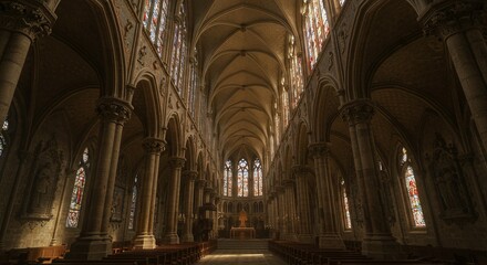 Fototapeta premium A grand church interior features soaring arches, stained glass, and golden light creating awe