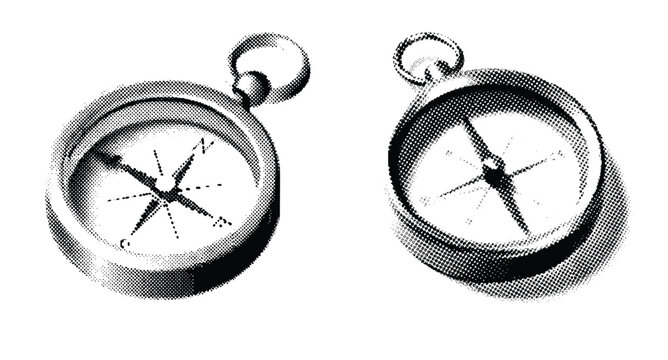 A halftone-style illustration of a compass, old pocket watch