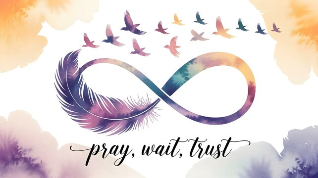 Pray, Wait, Trust Design: Feather and Infinity Symbol with Watercolor Birds Illustration