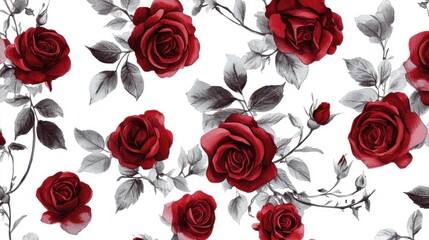 Red Roses with Black and White Leaves on a White Background
