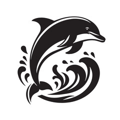 Black Color Dolphin Silhouette Vector Illustration, Solid White Background. minimal vector design