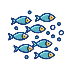 School of fish icon with bubbles in flat design