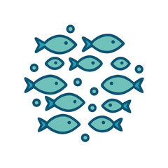 School of fish in teal on black background