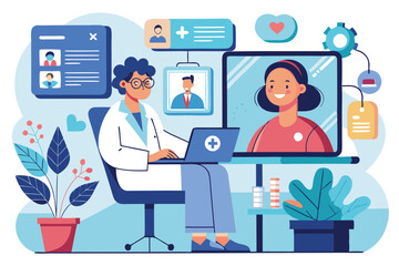 Vector illustration of a healthcare professional using a computer to engage with patients through digital platforms in a modern office setting