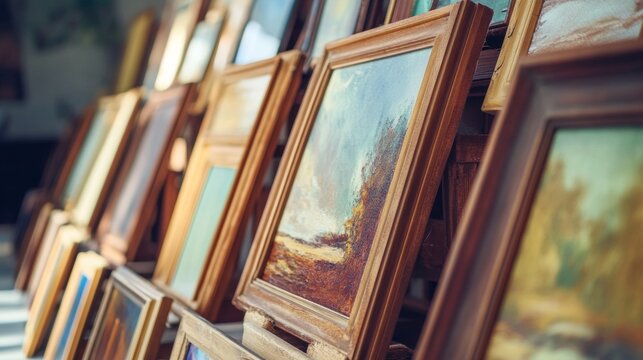Vintage paintings in art gallery stacked with wooden frames leaning against wall in exhibition space