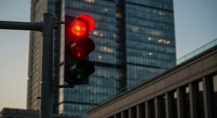 A stoplight signals red against a backdrop of a modern, glass building, creating a visual narrative