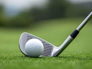 A golf club positions a white golf ball on a lush green course, ready for the next shot.