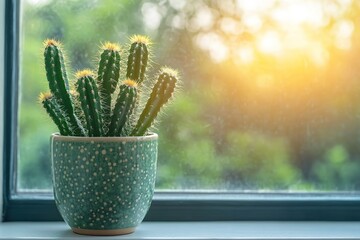 A vibrant cactus in a ceramic pot rests on the windowsill, illuminated by soft sunlight from outside.