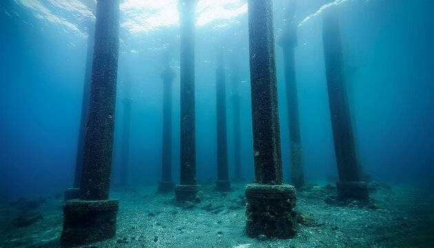 mysterious underwater view of concrete pillars surrounded by misty water