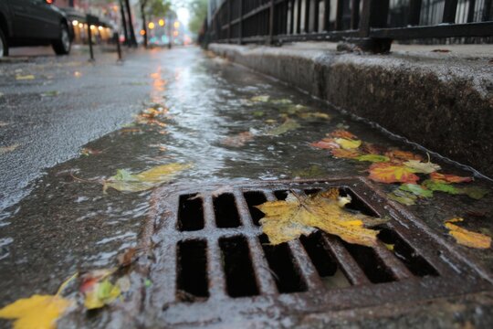 Street level view of autumn rainfall flowing into a drain with leaves and blurry vehicle at edge of curb