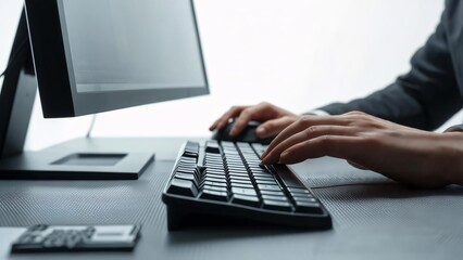 Professional Hands Typing on Computer Keyboard in Modern Office Environment, Illustrating Business Productivity and Digital Communication.