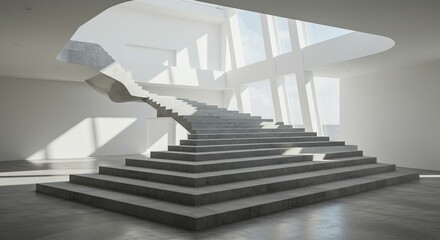 Fototapeta premium Abstract stairway ascends into light filled minimalist space highlighting geometric architecture.