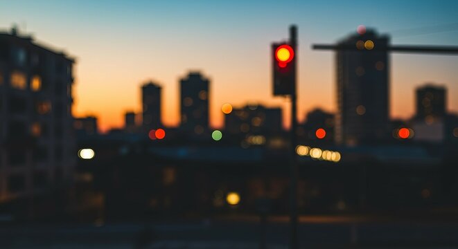 Abstract cityscape glows at dusk, with blurry traffic lights and building silhouettes, dreamlike. - Powered by Adobe