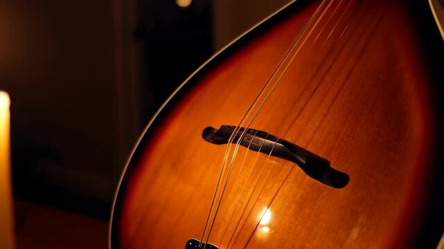 Close-up of a mandolin next to a candle creating an intimate musical atmosphere in warm lighting for performance or practice.