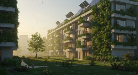 An apartment building adorned with lush greenery and solar panels in early morning light.