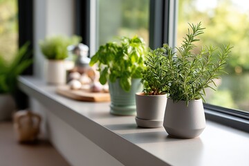 Warm and inviting kitchen interior featuring fresh herbs on windowsill during daylight