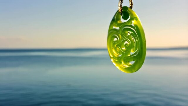 Greenstone Maori pendant hanging against the blurred ocean background. Close-up of a green jade hei tiki with traditional carving over the water.