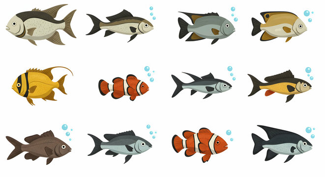 Twelve Colorful Fish Species Aquarium Illustration Set
