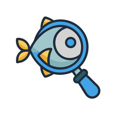 Obraz premium Stylized fish icon under magnifying glass on black background