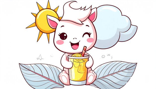 A cheerful, white cartoon creature with large eyes, a playful wink, and a sunny disposition enjoys a glass of lemonade amidst tropical leaves and a bright sun