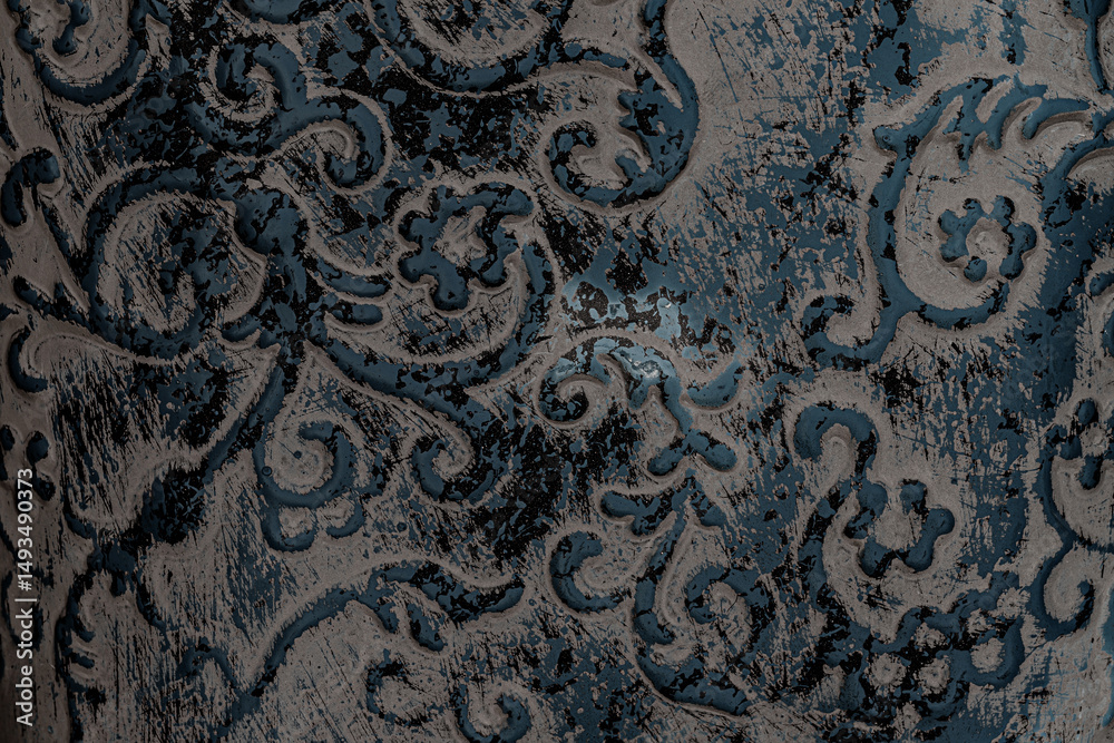 Poster Intricate blue and gray design revealing vintage patterns on textured surface in an artistic setting