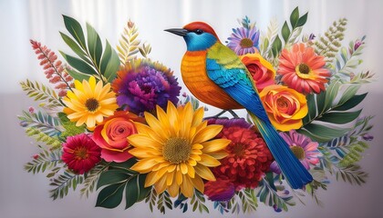 Naklejka premium a vibrant bird perches gracefully atop a colorful bouquet of flowers creating a serene focal point in the room s decor